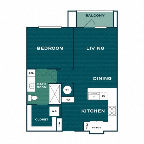 Floor plan for 1 bed, 1 bath, 678 sqft